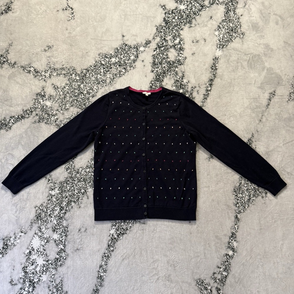 Talbots Sweater‎ Womens Sz L Navy Multicolor Embroidered Dots Button Up Cardigan